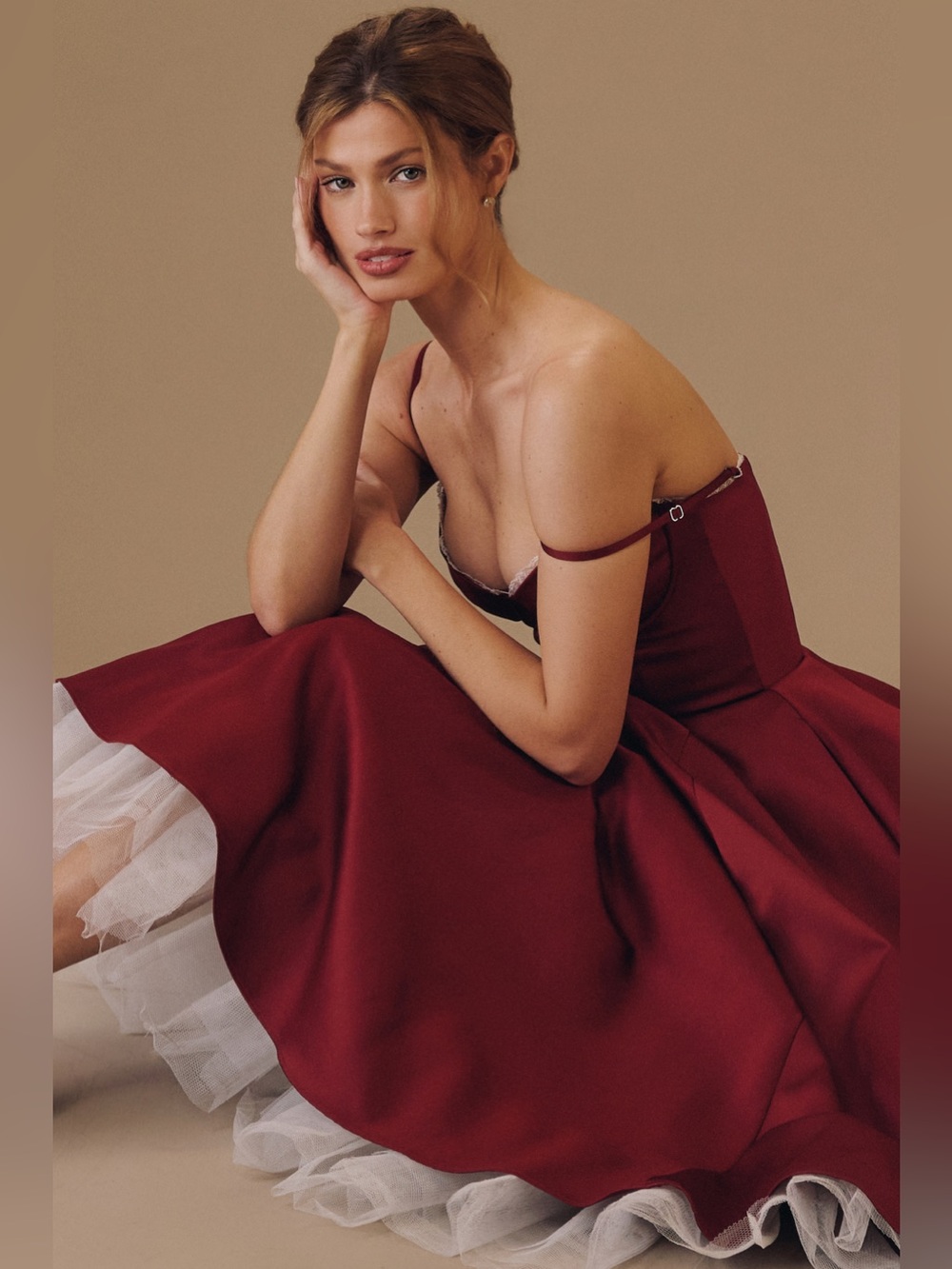 HOUSE OF CB Mademoiselle Wine Satin Tulle Midi Dress NWOT size M A-C